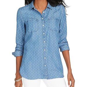 Talbots Chambray Denim Shirt Women’s Medium Blue White Heart Polka Dot Button